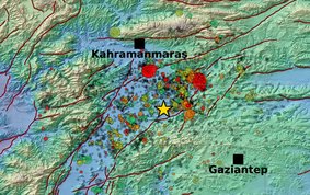 Graphic Visualisation: Map of the Türkiye region around Kahramanmaraş with colour-coded dots representing the earthquakes in the years 2017 to 2023.