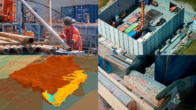 Collage aus 4 Fotos: Links oben - Mensch arbeitet am Gestänge der Bohranlage; rechts oben: Der Bohrplatz von oben; links unten: 3D-virtuelles Modell des Untergrunds: verschiedenfarbige Flächen markieren unterschiedliche Gesteine; rechts unten: zwei Hände in schwarzen Handschuhen halten ein etwa 40 cm langes Stück Bohrkern