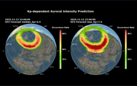 Zwei Weltkugeln auf schwarzem Untergrund. In der Region um den Nordpol wolkige Ringe in bunten Farben.