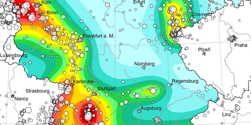 Section of the seismic hazard map of Germany and location of earthquakes