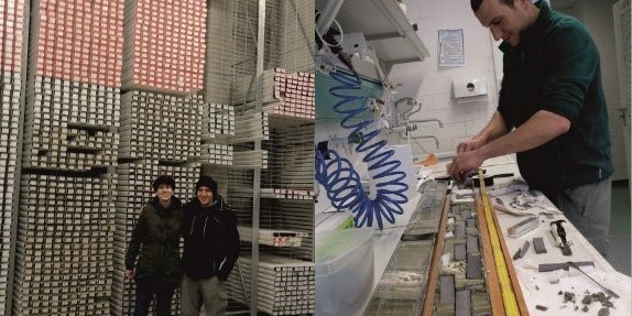 b) Collection of ICDP cores from the IODP Core Repository at the MARUM in Bremen. c) Sampling for thin-sections in the laboratory of the GFZ by a HUJI PALEX PhD student