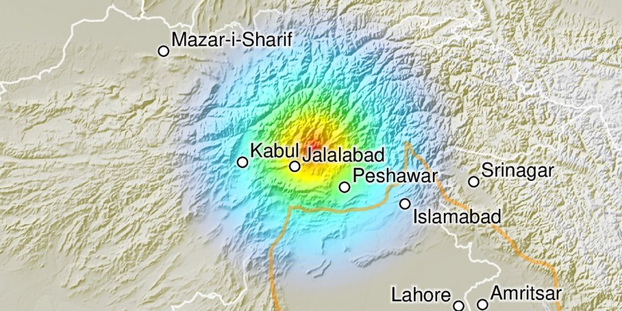 A map of the region with rainbow colors symbolizing the intensity of the earthquake in the region.