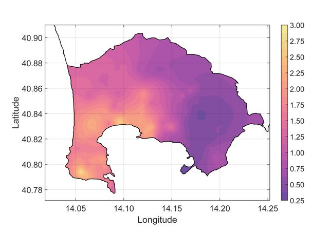 Ausschnitt einer Landkarte der Phlegräischen Felder neben Neapel in Italien: die Gegend ist in Gelb-Rot-Violett-Tönen gefärbt, gemäß der Verstärkung seismischer Wellen.