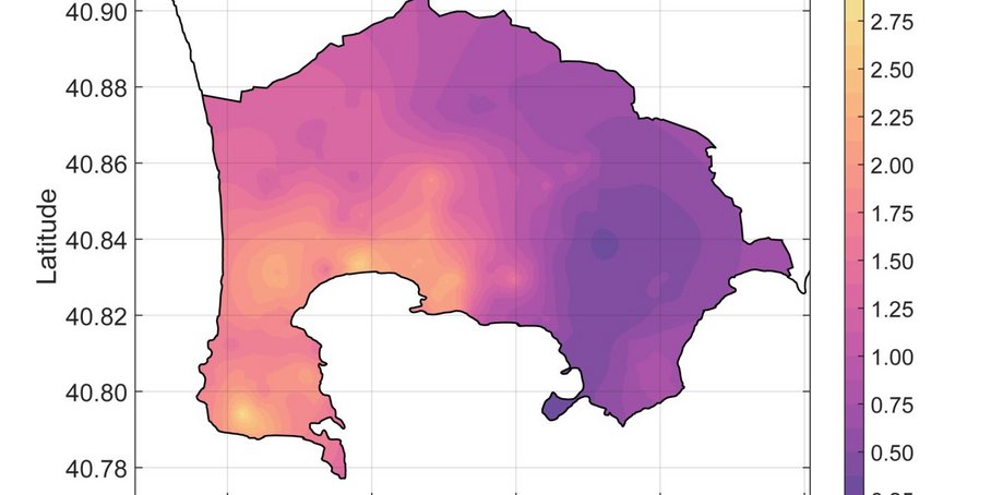 Map of the red zone of Campi Flegrei near Naples. The area is coloured in yellow-red-violet according to the amplification of seismic waves.