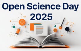 Ein gemaltes, offenes Buch, aus dem verschiedene Inhalte empor fliegen, darüber der Schriftzug " Open Science Day 2025"