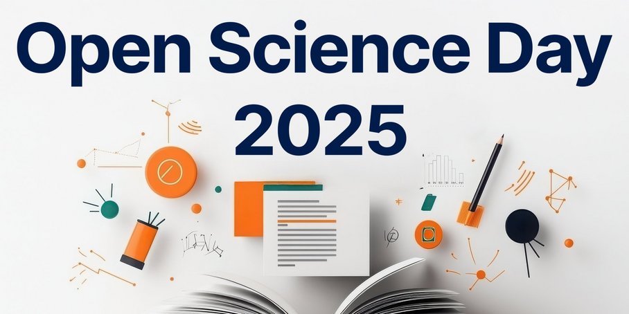 A painted, open book from which various contents fly up, with the words “Open Science Day 2025” above it