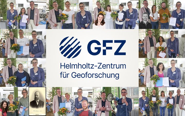 Kollage aus vielen einzelnen Fotos: jeweils mehrere Personen mit Blumenstrauß und Urkunde. In der Mitte der Kollage das GFZ-Logo.