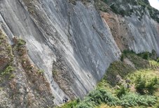 Steep rock face showing a visible fault plane with vegetation at the base and sides, and three people at the base for scale.