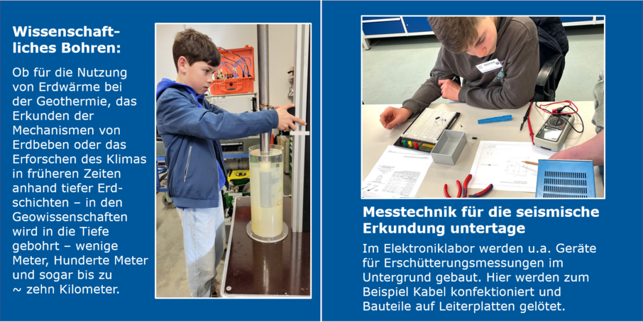 Links: Ein Kind steht an einem Zylinder mit Wasser. Rechts: Ein Kind baut eine elektronische Schaltung.