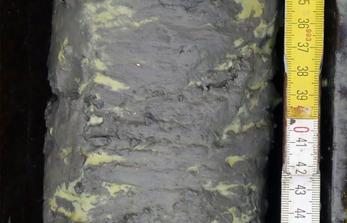 Bohrkern: Bohrteufe 215.7-216.7 m, Kerngewinn 0.8 m, siltiger Tonstein, dunkel- bis hellgrau, 24.3.2016 (B. Norden, GFZ)