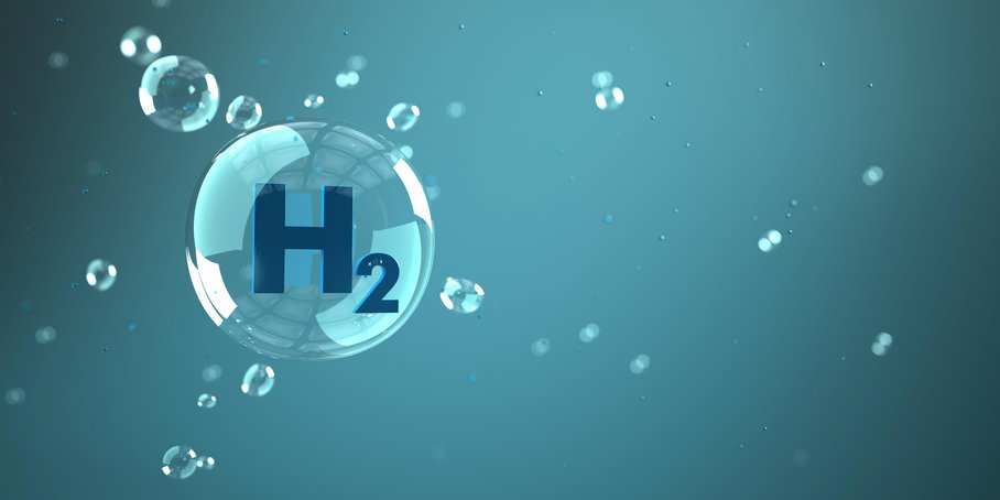 Grafische Darstellung einer großen und mehrerer kleiner Blasen Wasserstoff auf blau-grünem Hintergrund. In der großen Blase steht H2.