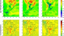 Fig. 2. Results after the final iteration. Rows show the different fields of temperature (a-c), thermal density variations (d-f), compositional density variations (g-i) and composition in terms of Mg# (k-m) at depths of 100, 150 and 200 km, respectively. Most cratonic areas are marked by low temperatures and positive thermal density variations, which are counteracted by negative compositional anomalies implying increased Mg#.