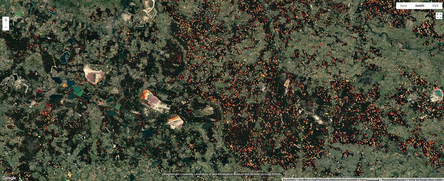 A satellite image of a landscape featuring many small patches in various shades of green. Interspersed among them are splashes of white, yellow, orange and red, which are much more frequent and denser on the eastern side of the image – in Poland.