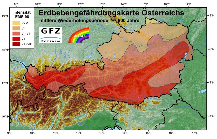 Erdbebengefährdungskarte Österreichs für eine mittlere Wiederholungsperiode von T = 800 Jahren für 50%-Fraktilwerte, parametrisiert in makroseismischen Intensitäten.