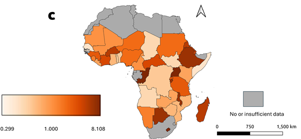Karte. Besonders gefährdet sind u.a. Athiopien und Uganda
