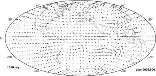 Map of a tangentially geostrophic flow solution at the epoch 2003.5