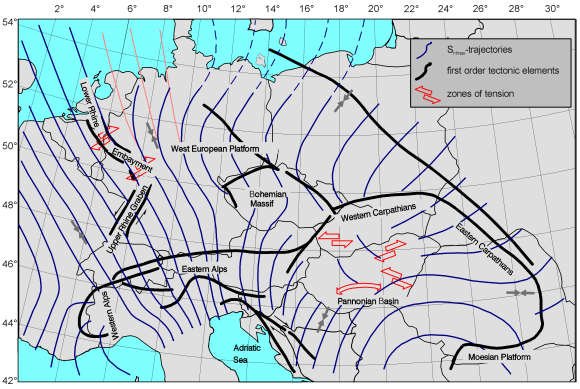 Pattern of the trajectories of the maximum horizontal compressive stress SHmax in the crust; hatched: uncertain course; dotted: alternative interpretation, Grünthal & Stromeyer (1994)
